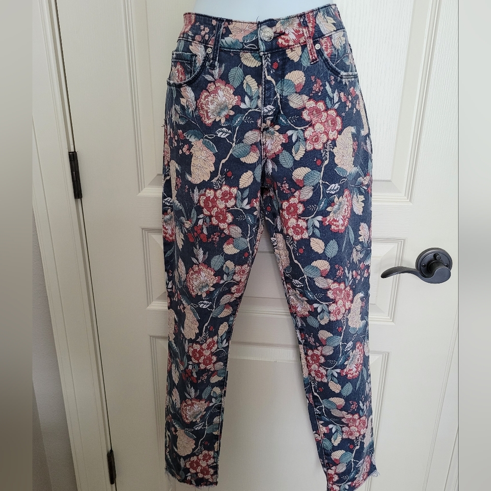 Vintage America Multicolor Embellished Floral Skinny Ankle Jeans, Sz 8, EUC